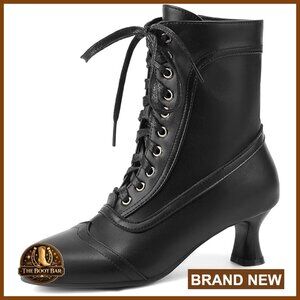 Victorian Lace Up Ankle Boots Round Toe Kitten Heel Side Zipper Vintage Booties